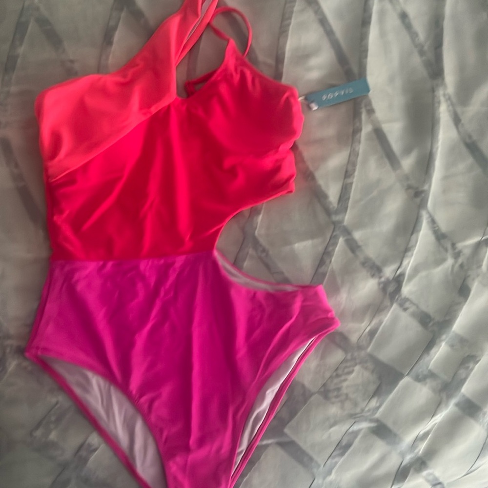 Brand New - One Shoulder one piece cutout hot pink bathing suit - Size M